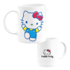 Caneca branca com a Hello Kitty a acenar de um lado e o seu logo clássico do outro