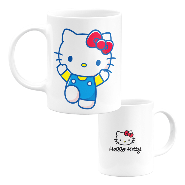 Caneca branca com a Hello Kitty a acenar de um lado e o seu logo clássico do outro