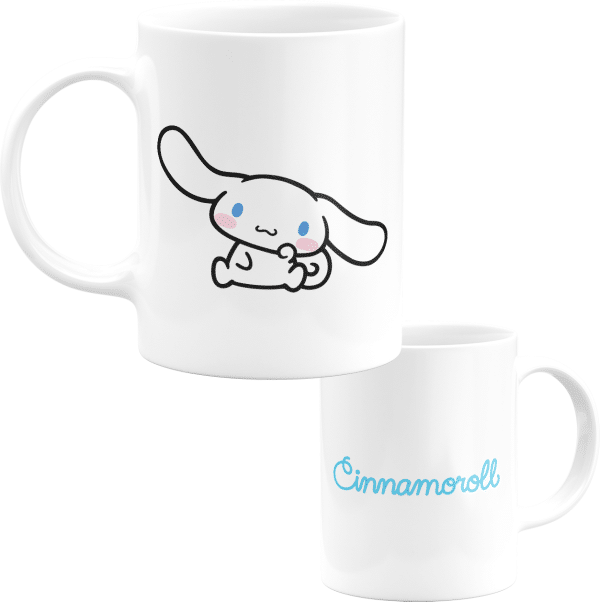 Caneca branca para fãs de Cinnamoroll, com o desenho do personagem de um lado e o seu nome do outro.